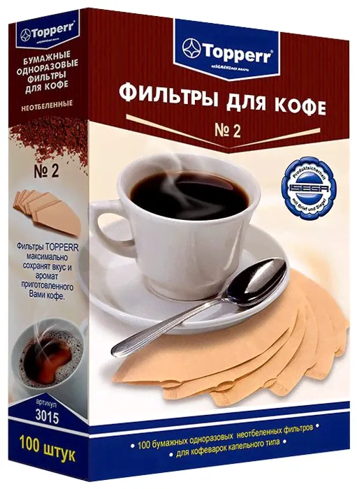 Одноразовые фильтры для капельной кофеварки Topperr Неотбеленные Размер 2 100 шт.